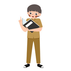 Cartoon Teacher with Book, Pointing Up, Isolated on White.