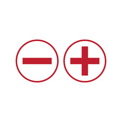 Fototapeta premium Red plus and minus icons inside circles are set against a transparent background for use in e-commerce interfaces and mathematical educational tools.