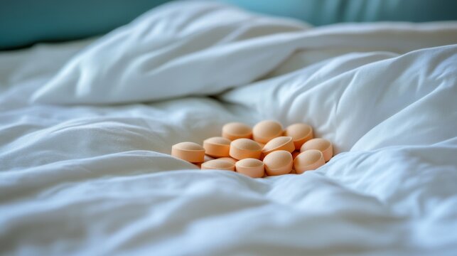 Zolpidem Tablets on White Bedding with Soft Pillow Background