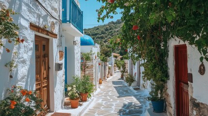 Obraz premium Charming Greek Island Village with Whitewashed Buildings and Flowers