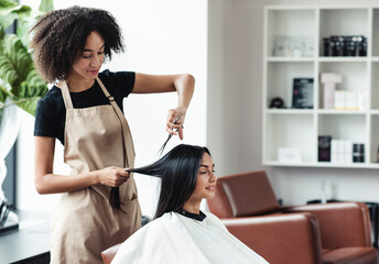 Beauty procedures for hair. Young black hairdresser cutting hair of female customer at salon, free space
