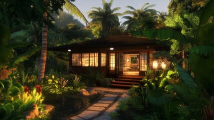 Fototapeta premium Cozy Tropical Bungalow Hidden Among Lush Palm Trees in Nature