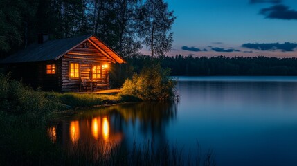 Obraz premium Cozy Wooden Cabin by Lake with Warm Glowing Lights at Dusk