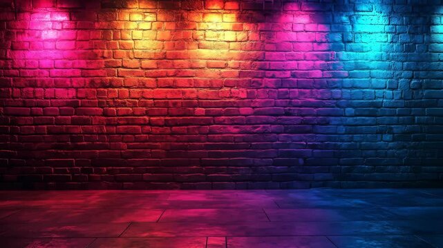 Colorful spotlights illuminate a textured brick wall and floor