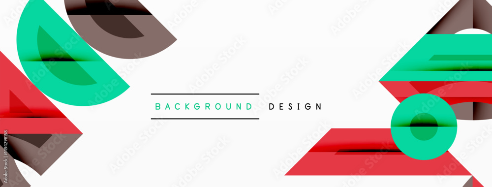 Poster abstract geometric shapes overlap, creating dynamic visual composition. red, green, gray elements co
