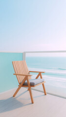Fototapeta premium Wooden chair with cushion on balcony by ocean in soft light