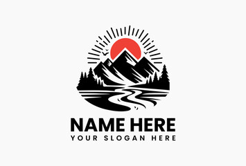 Monochrome SVG mountain range vector logo with radiant sun, flying birds, flowing river and pine forest. Wilderness landscape emblem  