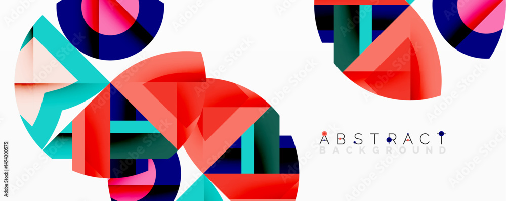 Poster vibrant geometric shapes overlap, creating dynamic abstract composition. red, blue, turquoise domina