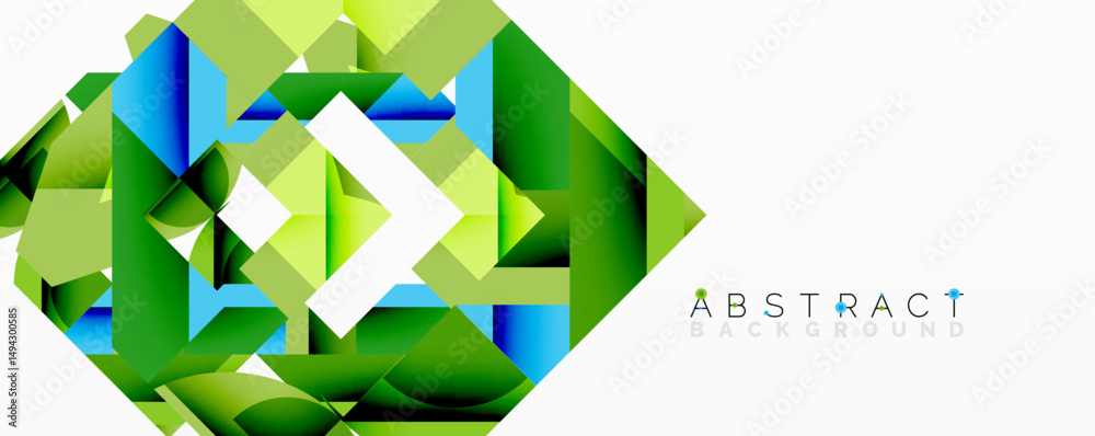 Poster geometric shapes create vibrant abstract design. green, blue hues dominate composition, suggesting m