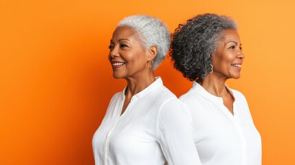 Two Smiling Senior Women Back to Back  Grey Hair  Studio Portrait