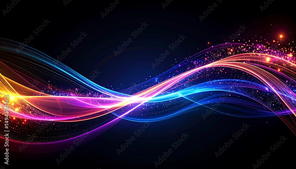 Poster abstract colorful wave lines on black.