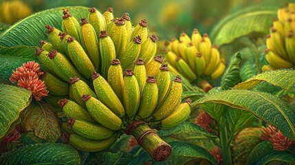 Fototapeta premium A fresh bunch of bananas displayed on a green plant showcasing organic fruit harvesting techniques with a focus on nature and agriculture for food enthusiasts and healthy living advocates