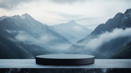 Sleek Matte Charcoal Grey Podium Against Scenic Mountain View