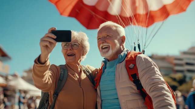 Senior Couple Selfie  Paragliding Adventure  Travel  Retirement