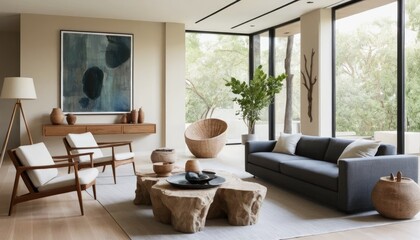 Fototapeta premium Serene Minimalist Living Room Design: Tranquil Interior with Natural Elements and Neutral Tones