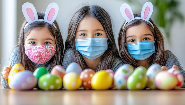 Three young girls celebrating easter with masks and colorful easter eggs during pandemic