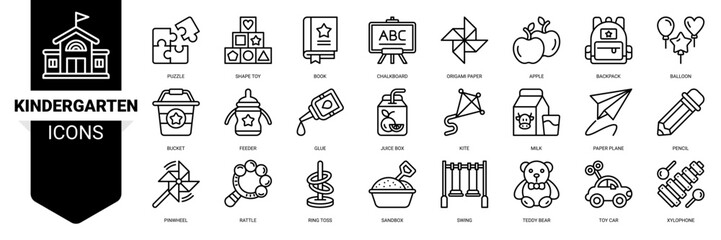 Kindergarten icon set. Vector illustration concept with icon of puzzle ,shape toy ,origami ,chalkboard ,backpack ,balloon ,feeder ,pinwheel ,rattle and more. Outline icons vector symbol background.
