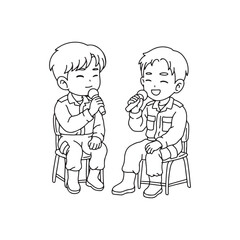 illustration art two cute boy singing on the chair vector line art design