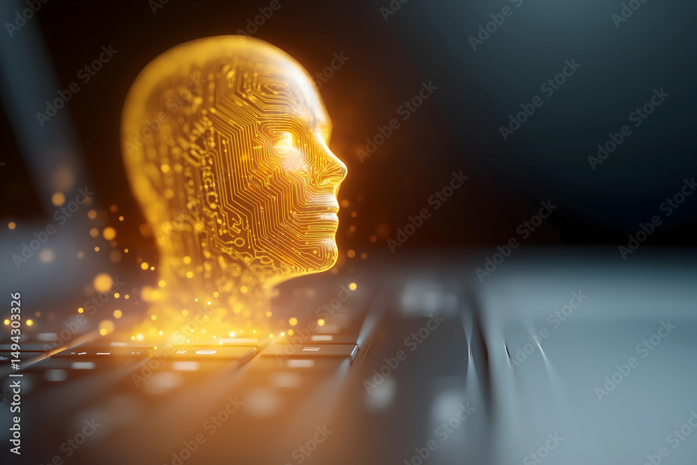 Aufkleber a glowing digital human head with circuit patterns emerges from a keyboard, symbolizing artificial i