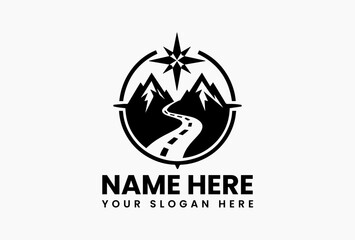 Minimalist monochrome compass logo with detailed mountain range silhouette inside. Adventure travel and exploration emblem  