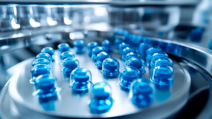 Obraz premium Blue Capsules of Mycophenolate Mofetil on Production Line Table