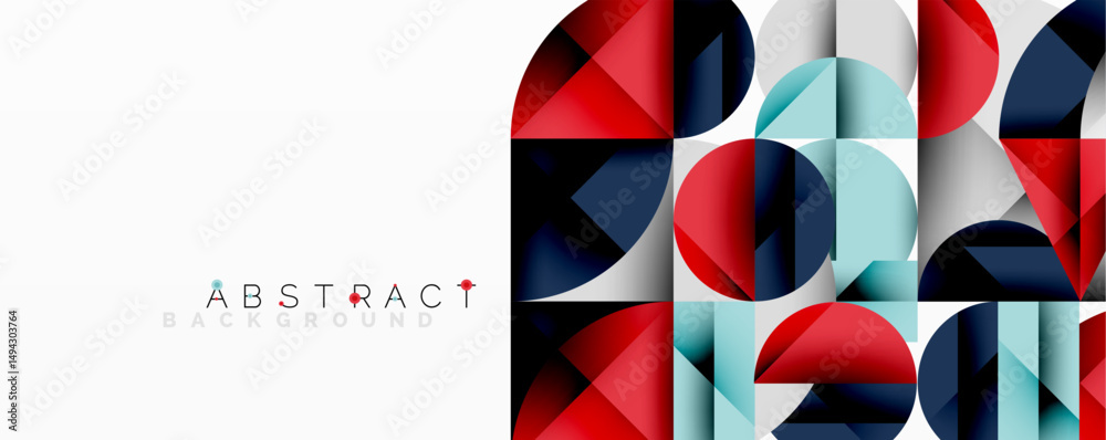 Poster geometric shapes overlap, creating colorful abstract background. red, blue, gray tones dominate desi