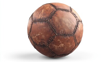 Vintage, worn leather soccer ball, showing stitched panels and a weathered, rusty-orange hue