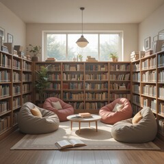 Serene Library Reading Room with Sunlight Streaming Through Large Window