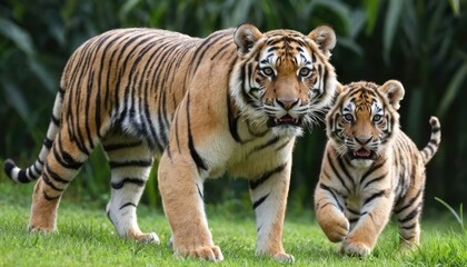 Majestic Tiger Family in Lush Green Habitat