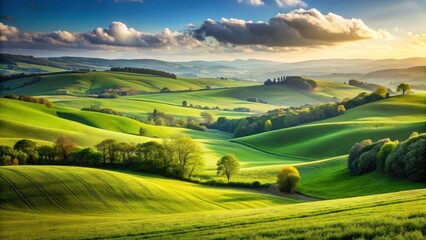 Fototapeta premium Serene green landscape with rolling hills and a clear horizon over the land, showing natural beauty and tranquility in the countryside , natural beauty, rolling hills