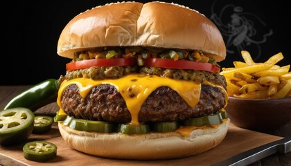 Juicy Cheeseburger with Jalapenos and French Fries