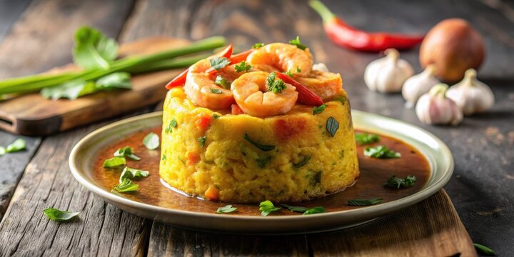 Elegant display of Puerto Rican mofongo with shrimp in garlic sauce, cuisine, flavorful,  cuisine, flavorful