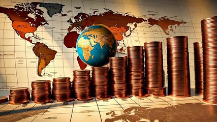 Stacked Coins with Global Map and Rotating Earth Highlighting International Economic Growth - Powered by Adobe