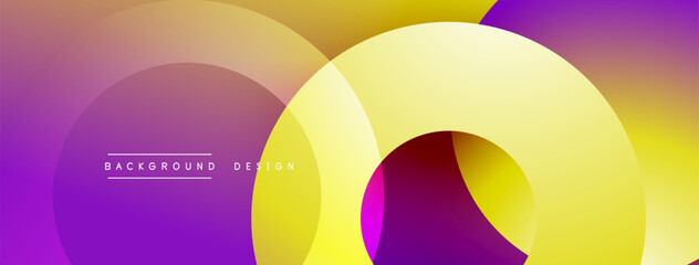 Abstract design features overlapping circles. Purple, yellow gradients create dynamic visual effect. Modern background suitable for various projects.