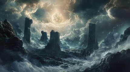 Fototapeta premium Fantasy landscape with rocky mountains and a bright moon in a cloudy sky.