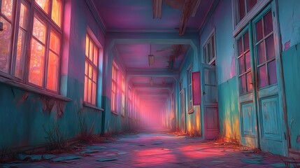 Fototapeta premium A dimly lit hallway featuring a broken window allowing rays of light to filter through creating an evocative and mysterious atmosphere with a sense of abandonment