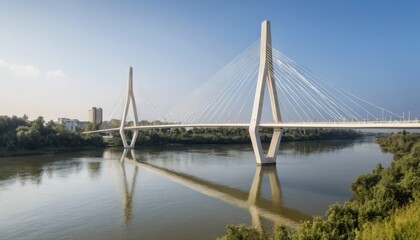 Serene Reflection: A Modern Cable-Stayed Bridge Over a Calm River