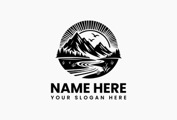 Bold mountain silhouette landscape with sunburst, migratory birds and winding river in crisp vector art. Nature retreat concept  