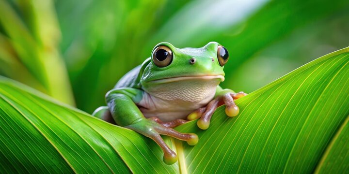 A Australian green tree frog sitting on a large leaf
