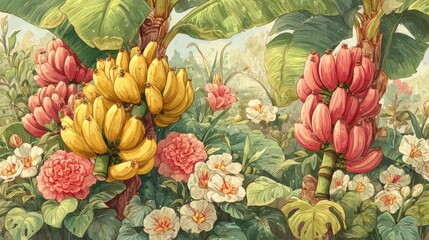 Obraz premium Vibrant bunch of bananas surrounded by colorful exotic flowers creating a lush tropical atmosphere in high definition illustration