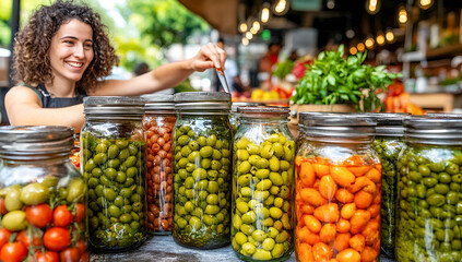 Smiling vendor offering a variety of preserved olives and tomatoes in glass jars at an outdoor market showcasing fresh, gourmet ingredients.
