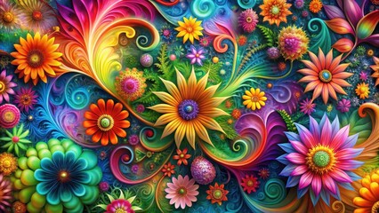 Vibrant floral patterns with swirling shapes and intricate details in a colorful abstract background, evoking a sense of dynamic energy and creativity , petals, design