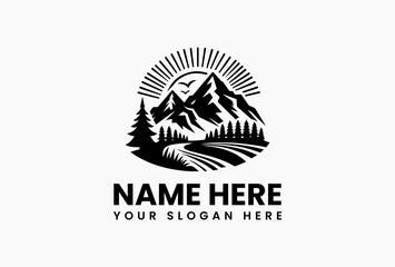 Bold mountain silhouette landscape with sunburst, migratory birds and winding river in crisp vector art. Nature retreat concept  