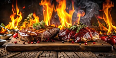 Sizzling meat on a wooden table with a dark sauce splattered in the background and two mythical fire creatures amidst the flames, Dark Background, BBQ Sauce