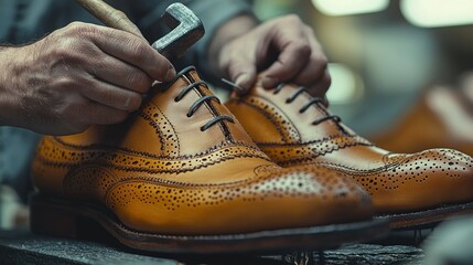 A craftsman meticulously attaches laces to handcrafted, tan leather brogue shoes using a small hammer and meticulous precision
