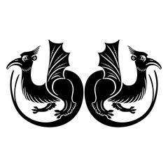 Symmetrical design with two fantastic dragons. Medieval European illuminated manuscript motif. Black and white silhouette.