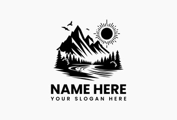 Harmonious monochrome mountainscape vector logo featuring sun disc, soaring birds and pine-framed river. Outdoor adventure brand mark  