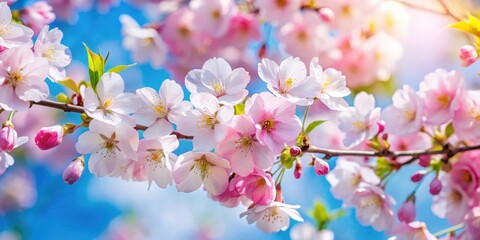 Soft pink and white petals unfurl from vibrant cherry blossoms against a bright blue sky with lush greenery in full bloom , cherry blossoms, blooming trees