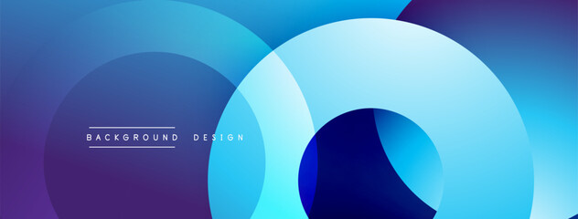 Abstract design features overlapping circles, gradient blues, purples. Modern aesthetic, smooth transitions create dynamic visual effect.