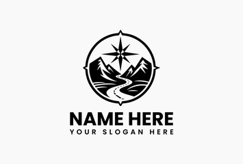 Minimalist monochrome compass logo with detailed mountain range silhouette inside. Adventure travel and exploration emblem  